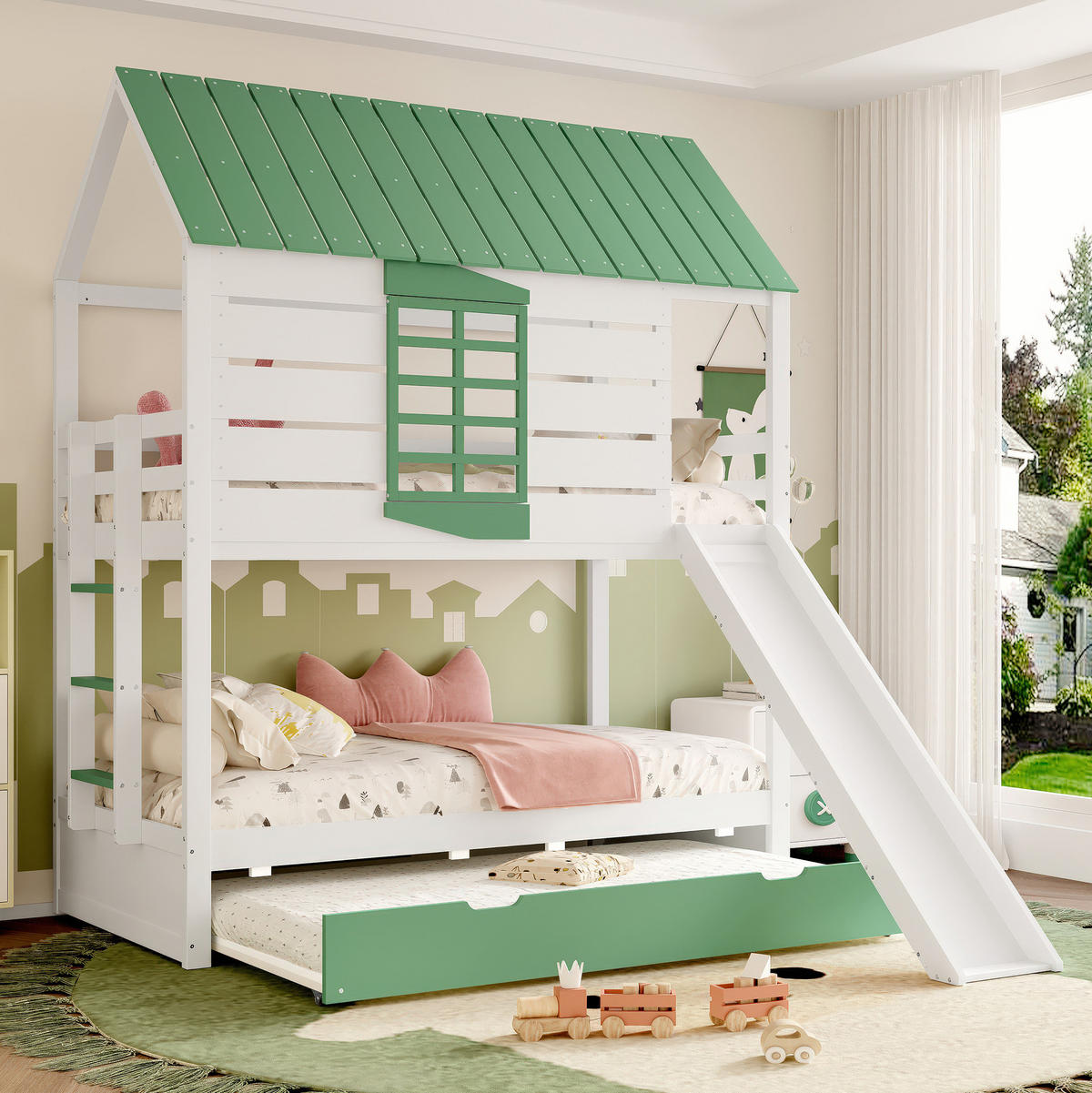 HAUSBETT 90/200 cm mit Rutsche und Ausziehbett in Weiß/Grün - Weiß, Holzwerkstoff (90/200cm) - BEAOK
