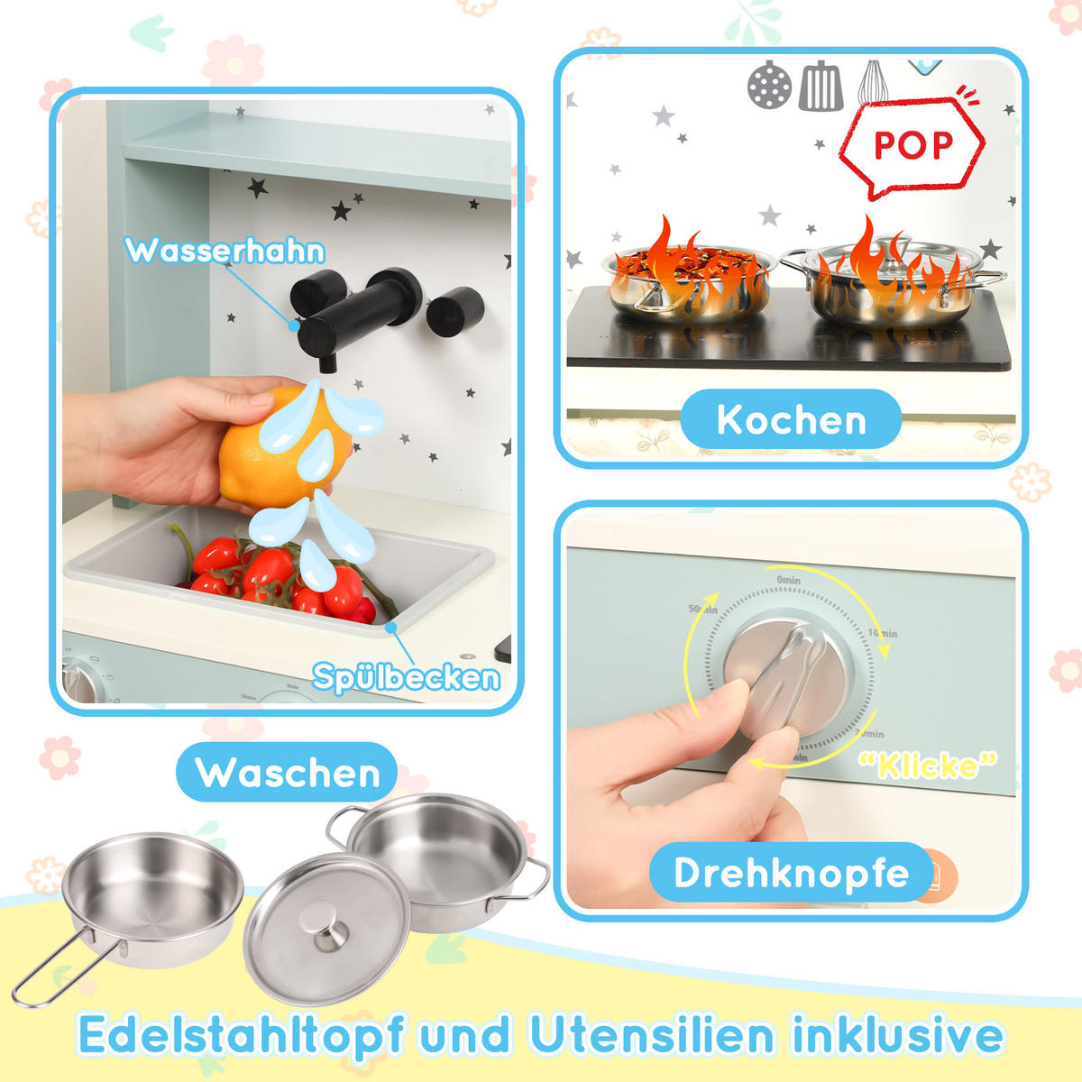 KINDERKÜCHE Blau – Spielküche mit Eiserzeuger & Mikrowelle, Zubehör & Soundeffekten, Holz/Kunststoff, ab 3 Jahren 29x60x81cm - Blau, Holzwerkstoff (60/29/81cm) - Ej. Life