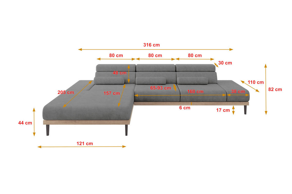 ELEKTRISCHES ECKSOFA Links MONA 316x205x85 Grau Velours - Taupe, Holzwerkstoff/Textil (316/205cm) - ALTDECOR