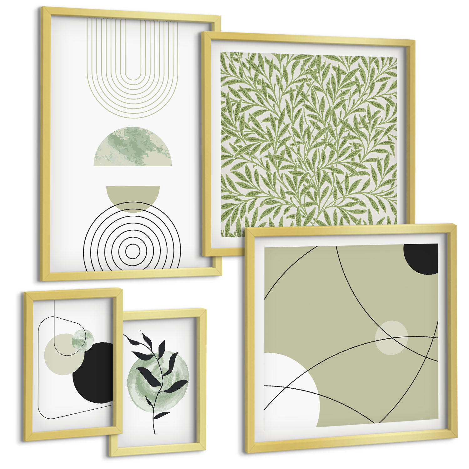 BILDER SET 5er Set - 50x50 cm & 20x30 cm & 40x60 cm Goldrahmen - Abstrakte Pflanzenmotive - Goldfarben, Kunststoff (40/60cm) - TULUP