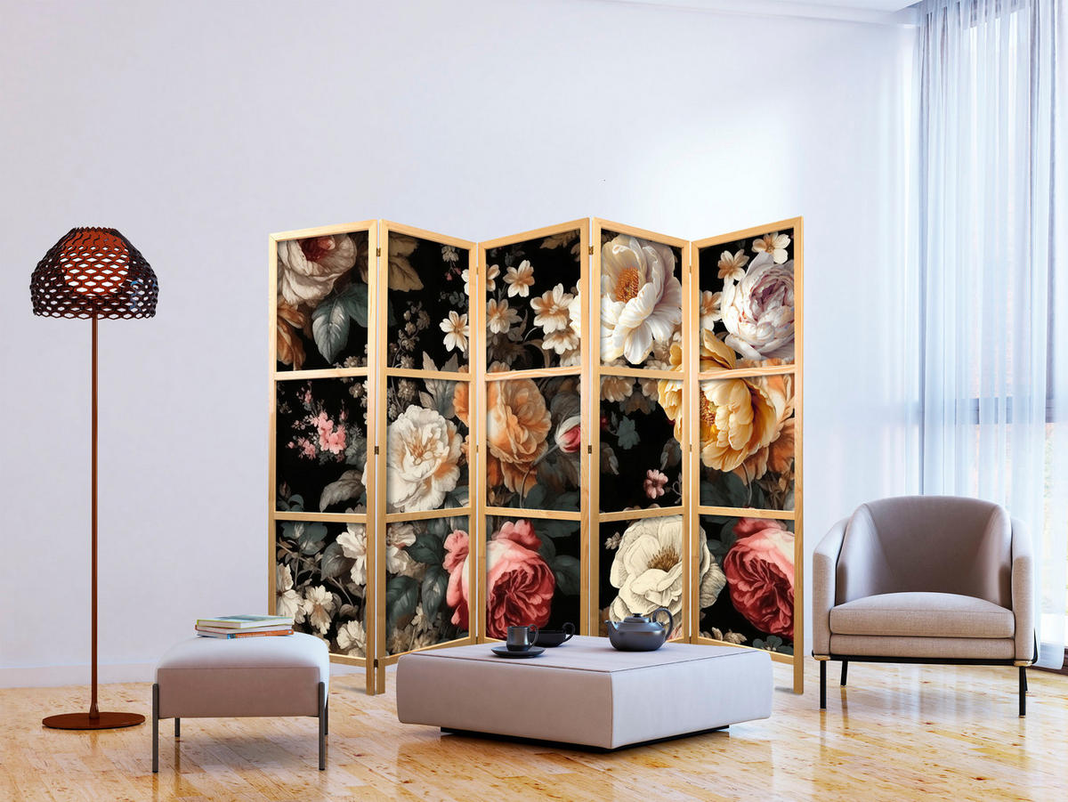 PARAVÁN Japonský 5-dielny 225x172 cm Farebné Kvety - viacfarebná, drevo/textil (225/172/3cm) - Muralo