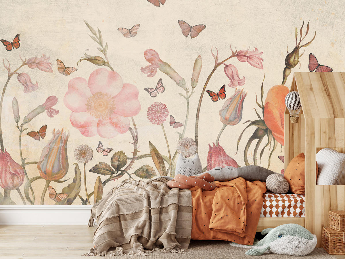 FOTOTAPETE für Kinderzimmer Wiesenblumen Aquarell Schmetterlinge Boho 500x350 - Beige/Rot, Papier (500/350cm) - Muralo