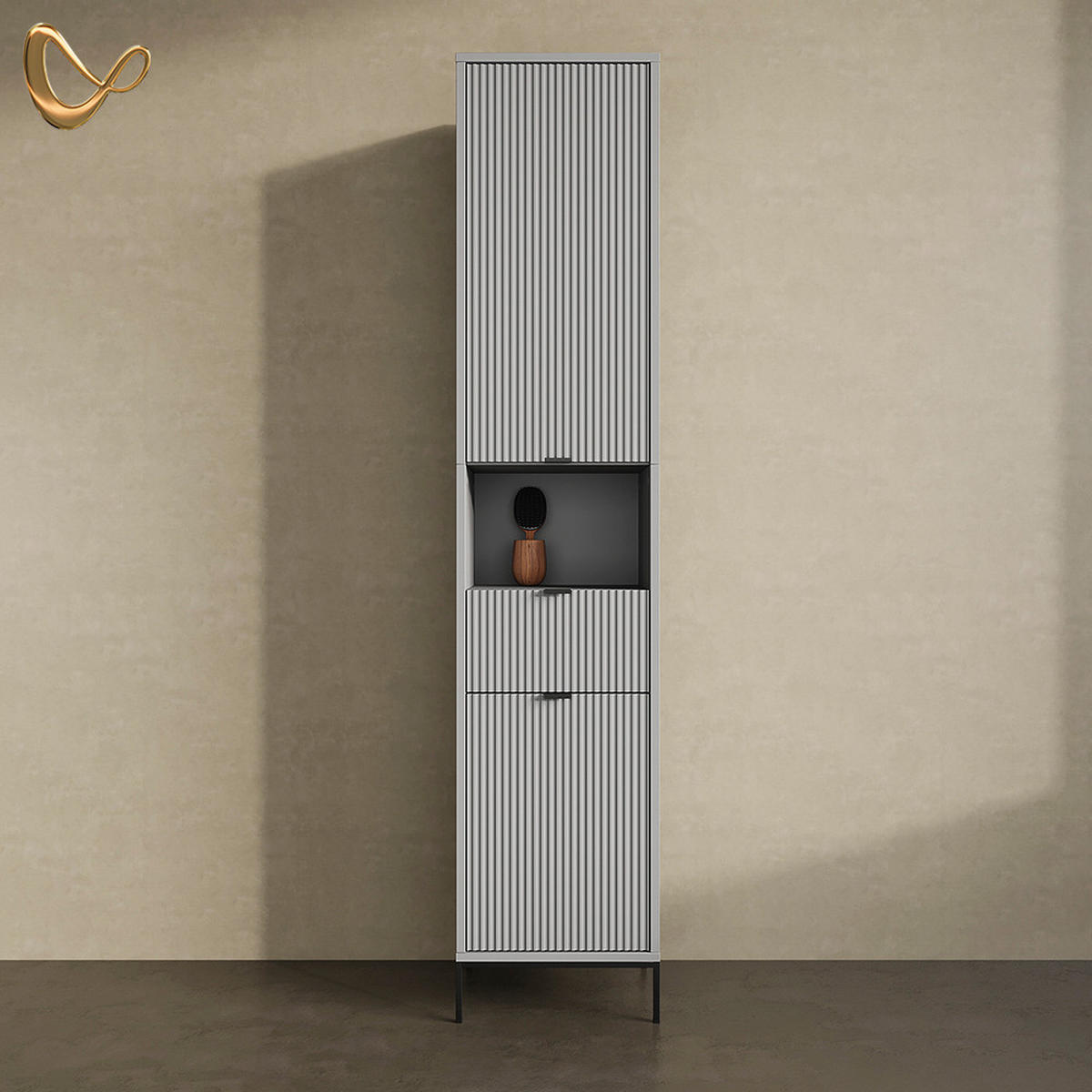 BADSCHRANK ATERNO Grau 40 x 190 cm mit Türen, und Schublade - Grau, Holzwerkstoff (40/190/35cm) - Livinity®