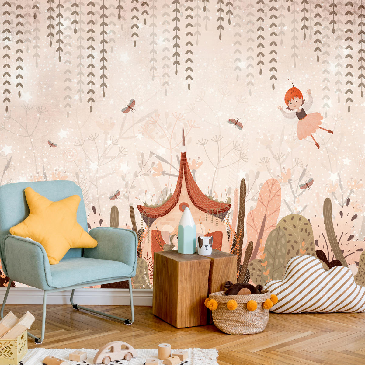 FOTOTAPETE für Kinderzimmer Feen Aquarell Wald Blumen Blätter Boho 150x105 - Beige/Orange, Papier (150/105cm) - Muralo