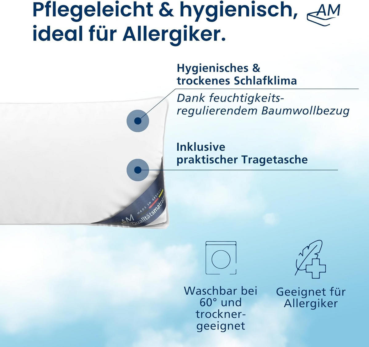 AM Qualitätsmatratzen Premium Mikrofaser Kopfkissen mit Sensofill Füllung Made in Germany 40x80cm - Weiß, Textil (40/80cm) - AM Qualitätsmatratzen