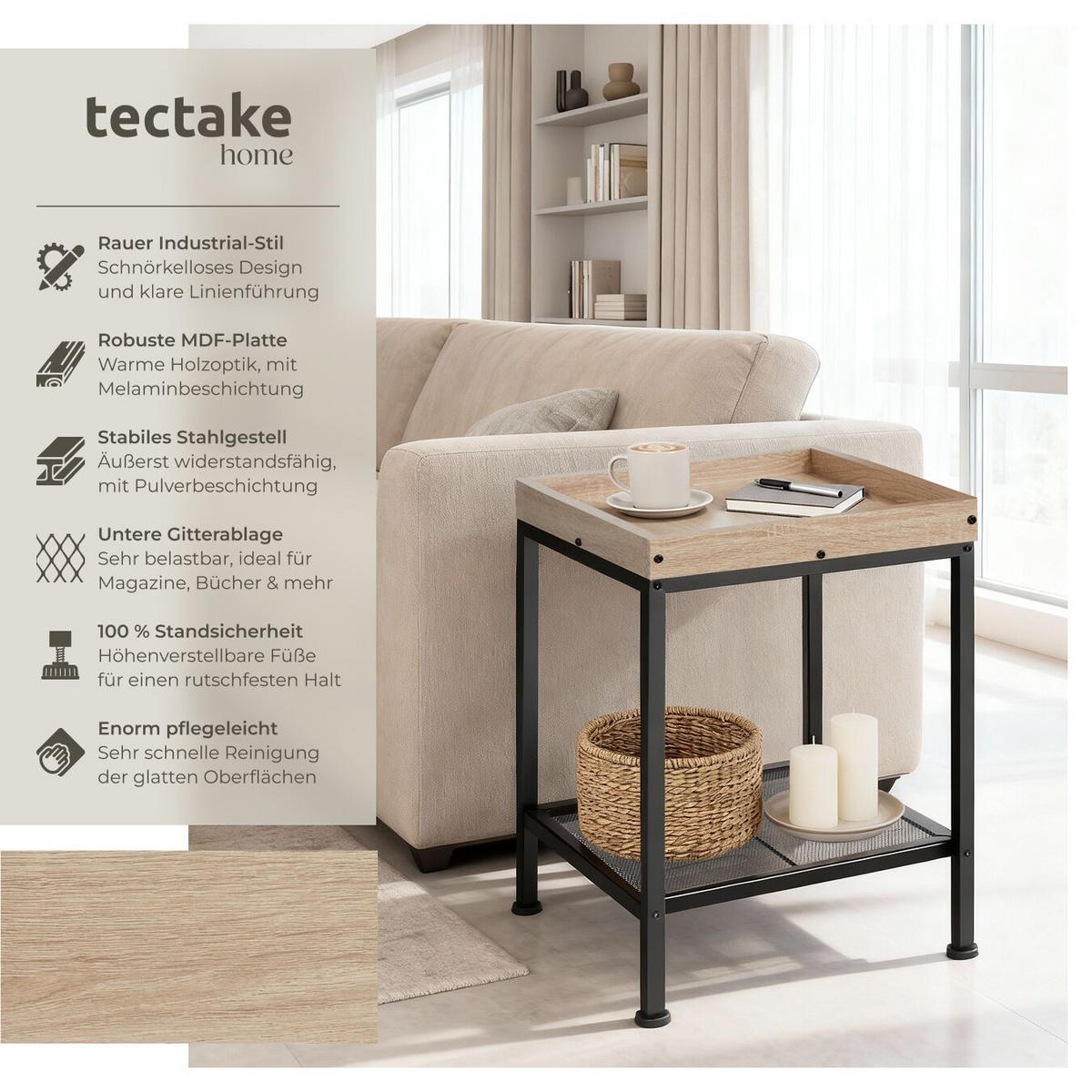 BEISTELLTISCH Rochester,41,5 x 41 x 56 cm,Industrial Holz hell, Eiche Sonoma - Naturfarben, Holz (41.5/41/56cm) - tectake