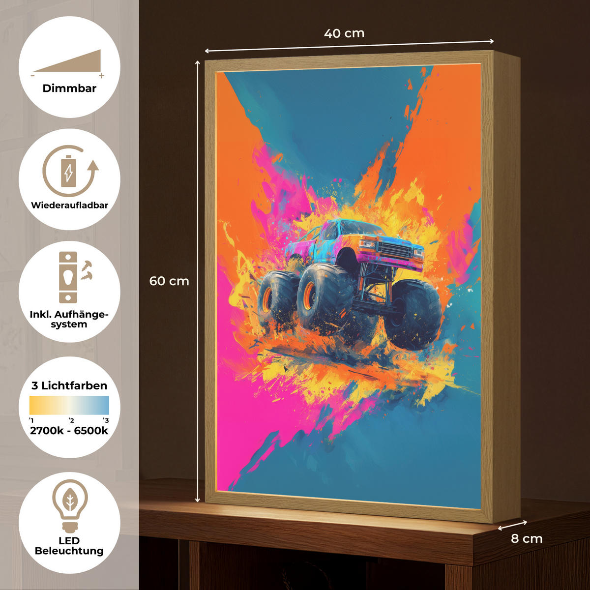 NÁSTĚNNÁ LAMPA S AKUMULÁTOREM Monster truck - Abstraktní - Stříkající barva - Barevné 40x60 cm - růžová, kompozitní dřevo (40/60/8cm) - OnlyWow