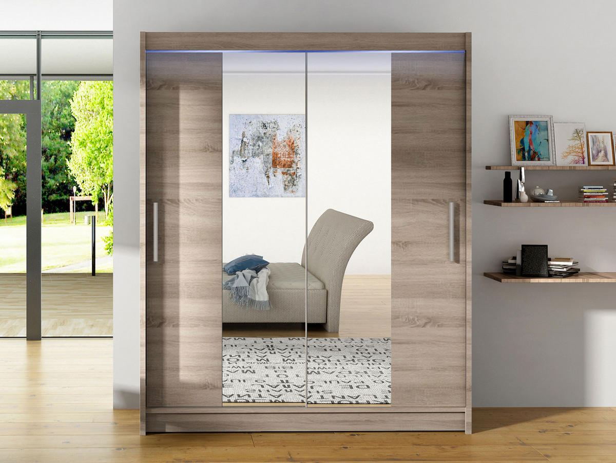 SCHWEBETÜRENSCHRANK Westa II, mit RGB LED Beleuchtung - Silberfarben/Trüffeleichefarben, Holzwerkstoff/Metall (150/200/58cm) - MIRJAN24