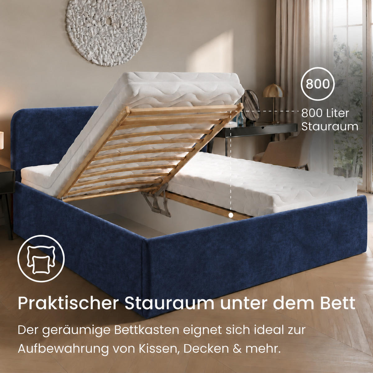 POLSTERBETT 200x200 cm Microvelours in Navy - Dunkelblau, Textil (200/200cm) - Home Collective