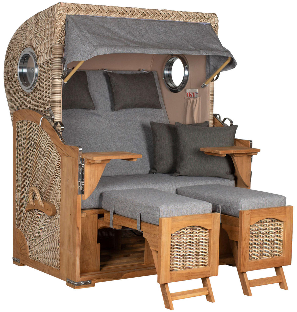 STRANDKORB Düne 2-Sitzer Teak Shell Bullauge - Braun/Grau, Holz/Metall (125/170/80cm) - Mr. Deko