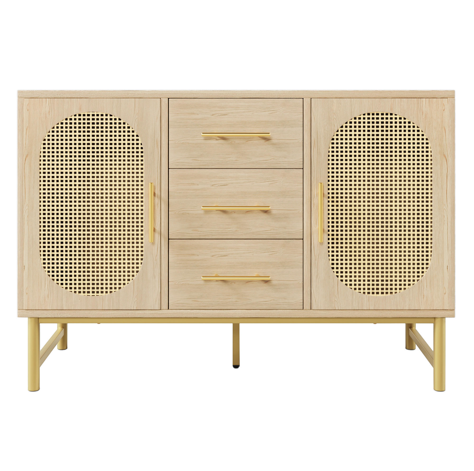 KOMMODE 120/40/74 cm mit 3 Schubladen und Rattanoptik - Eichefarben, Metall (120/74/40cm) - BEAOK