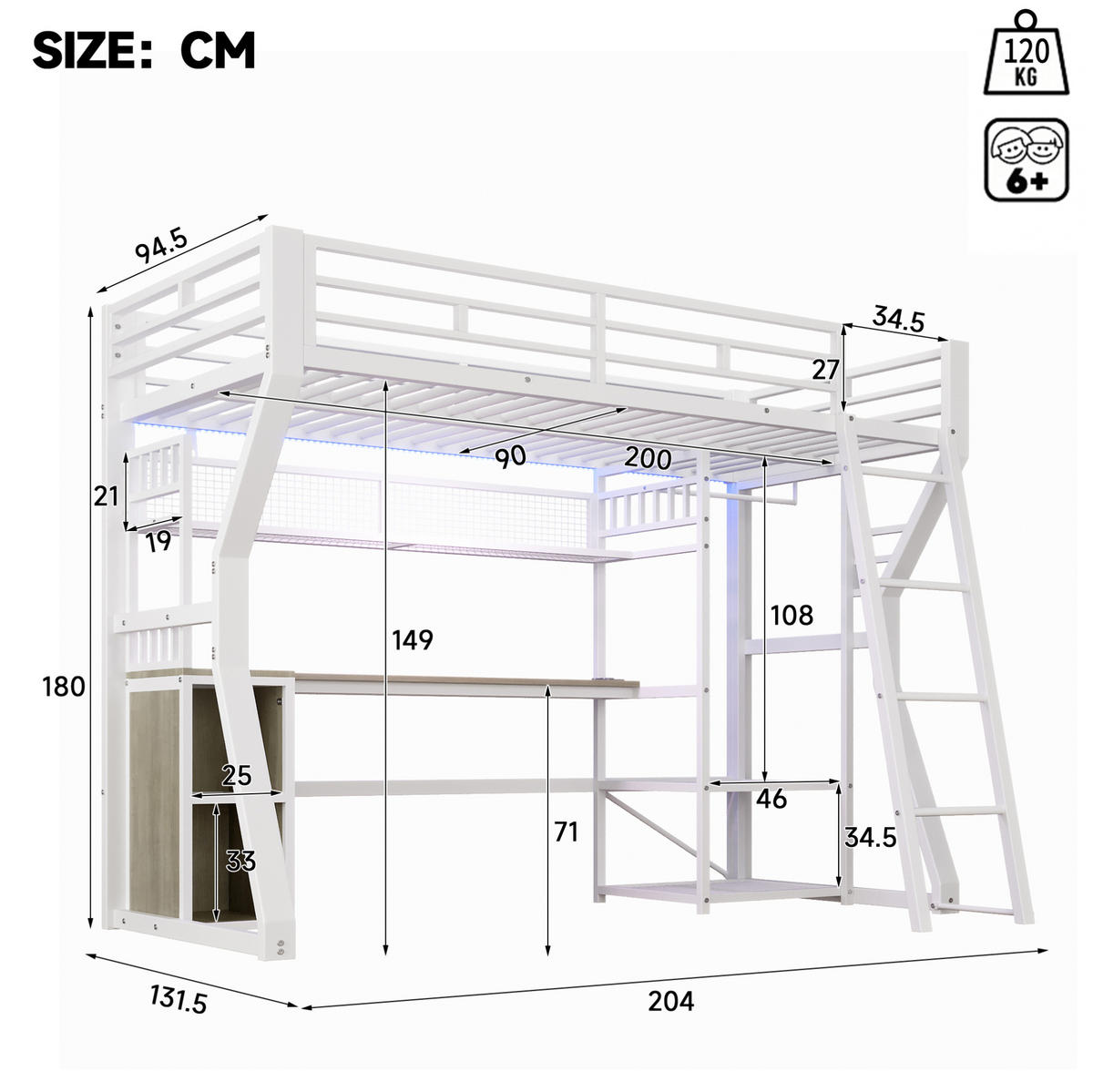 VYSOKÁ posteľ 90/200 cm biela z MDF a kovu s LED osvetlením zásuvkou stolom a úložným priestorom - biela, kompozitné drevo (90/200cm) - OKWISH
