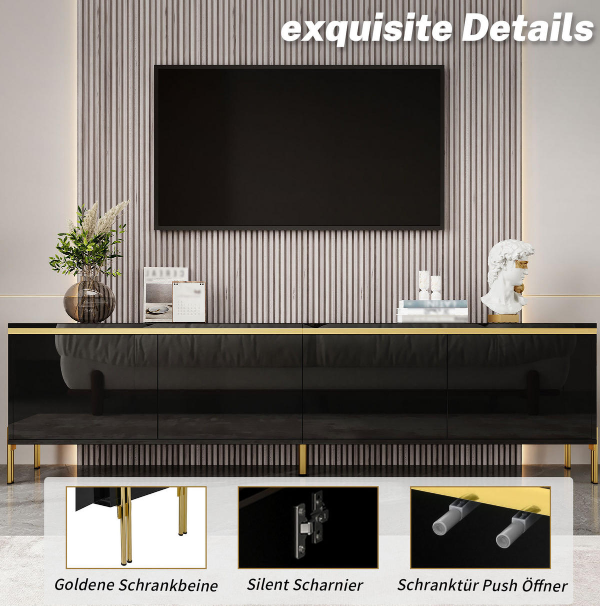 TV-LOWBOARD aus Holzwerkstoff 170x38x50 cm Schwarz mit 4 Türen, Kabeldurchführung und Hochglanzoberfläche - Schwarz, Holzwerkstoff (170/50/38cm) - Modfu