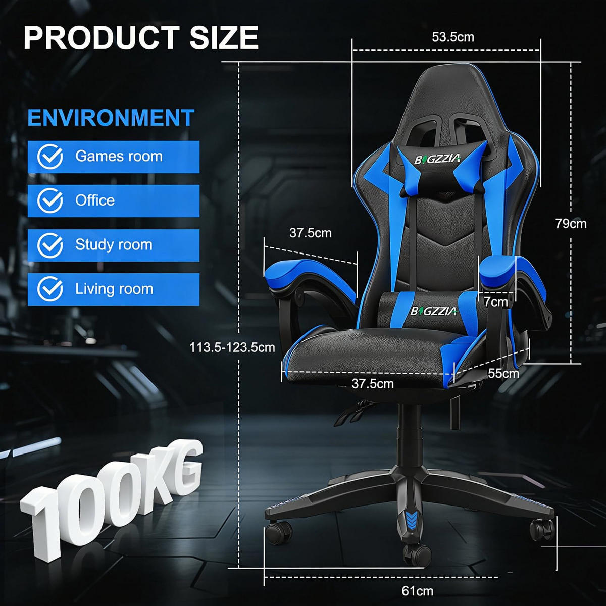 GAMINGSTUHL Schwarz-Blau mit Bluetooth Lautsprechern ergonomisch höhenverstellbar - Blau, Metall (66/124/58cm) - Rattrix