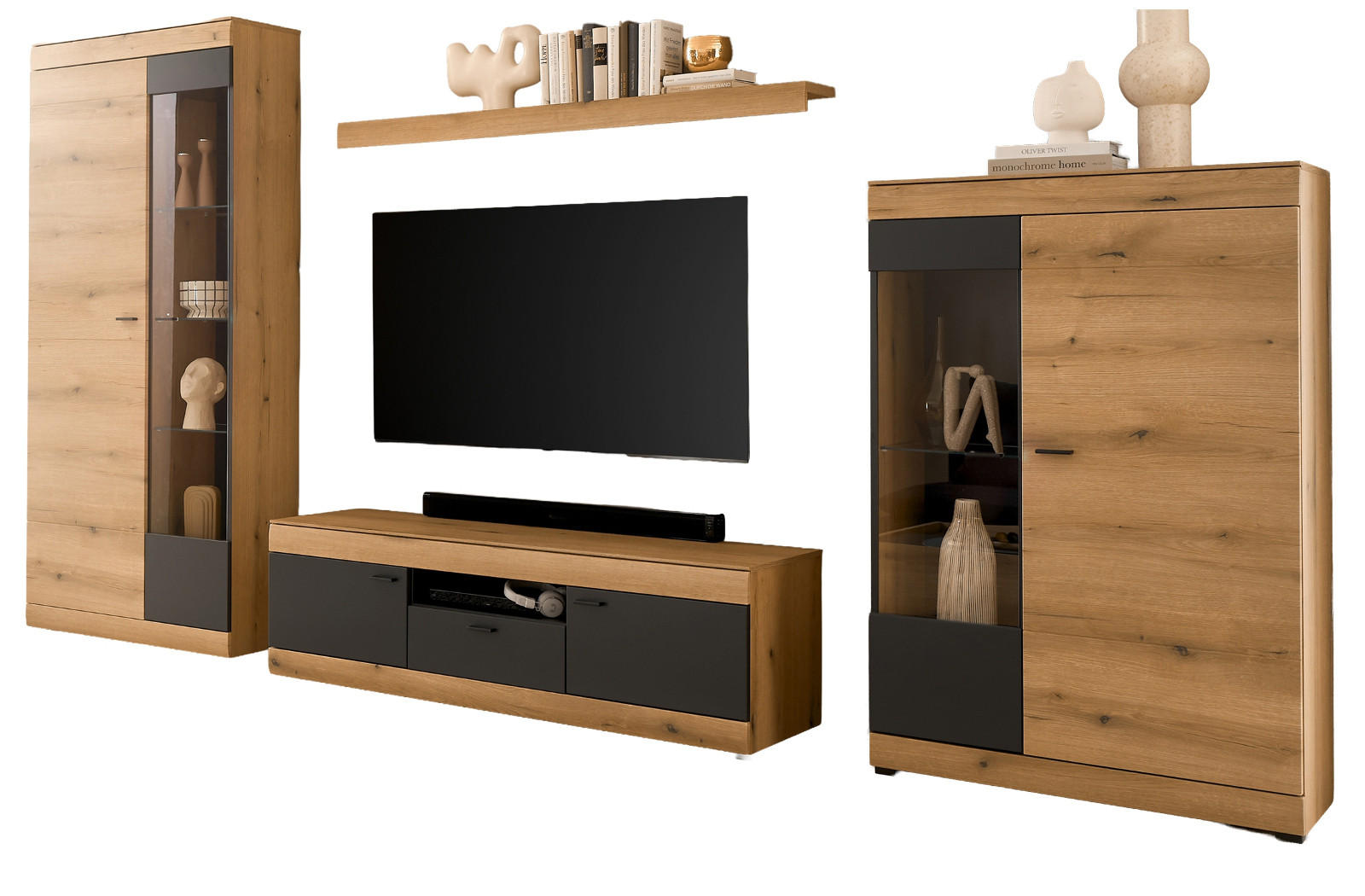 WOHNWAND Eiche, grau 350 cm 4-teilig, Wohnzimmer Set mit Soft-Close - Kaschmir/Eichefarben, Glas/Holzwerkstoff (350/201/45cm) - Furn.Design