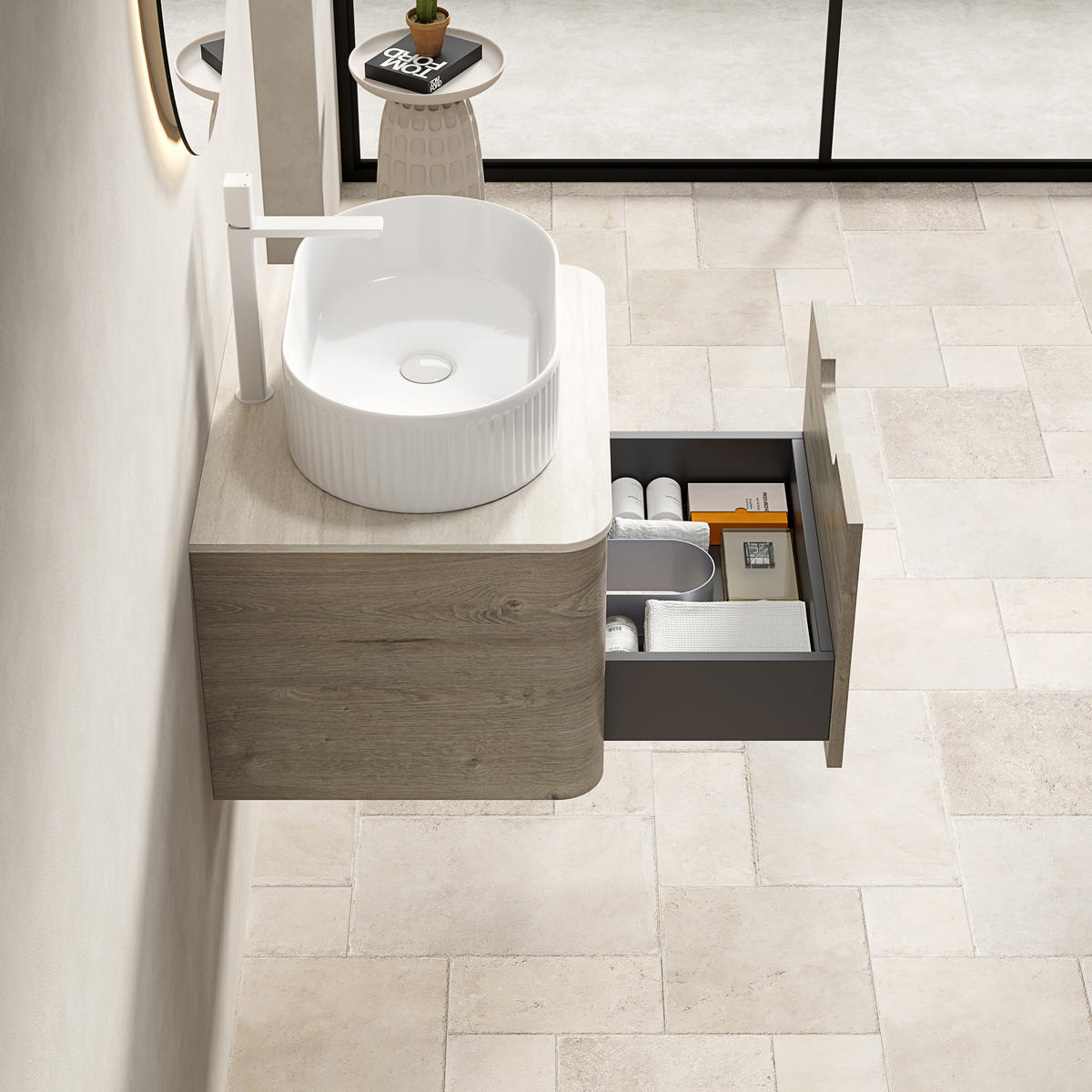 WASCHTISCHKOMBI 60x46x50.2cm Beige/Weiß mit ovalem Keramikbecken & Travertin-Arbeitsplatte - Creme, Keramik (60/50.2/46cm) - Modfu