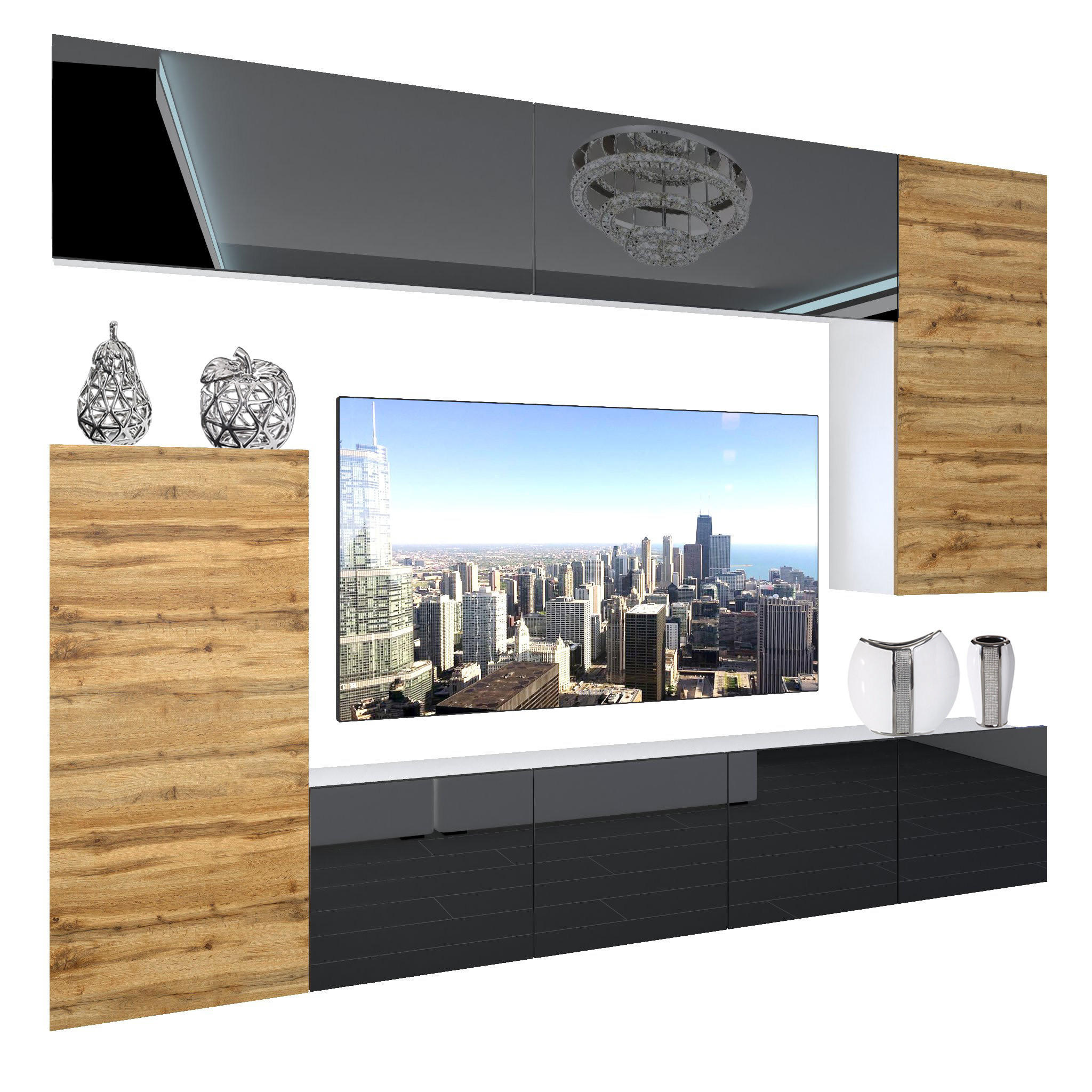 WOHNZIMMERWAND Schrankwand mit LED Schwarz / Eiche Wotan - Eiche Wotan/Schwarz, Holz (250/180/36cm) - B BELINI GROUP