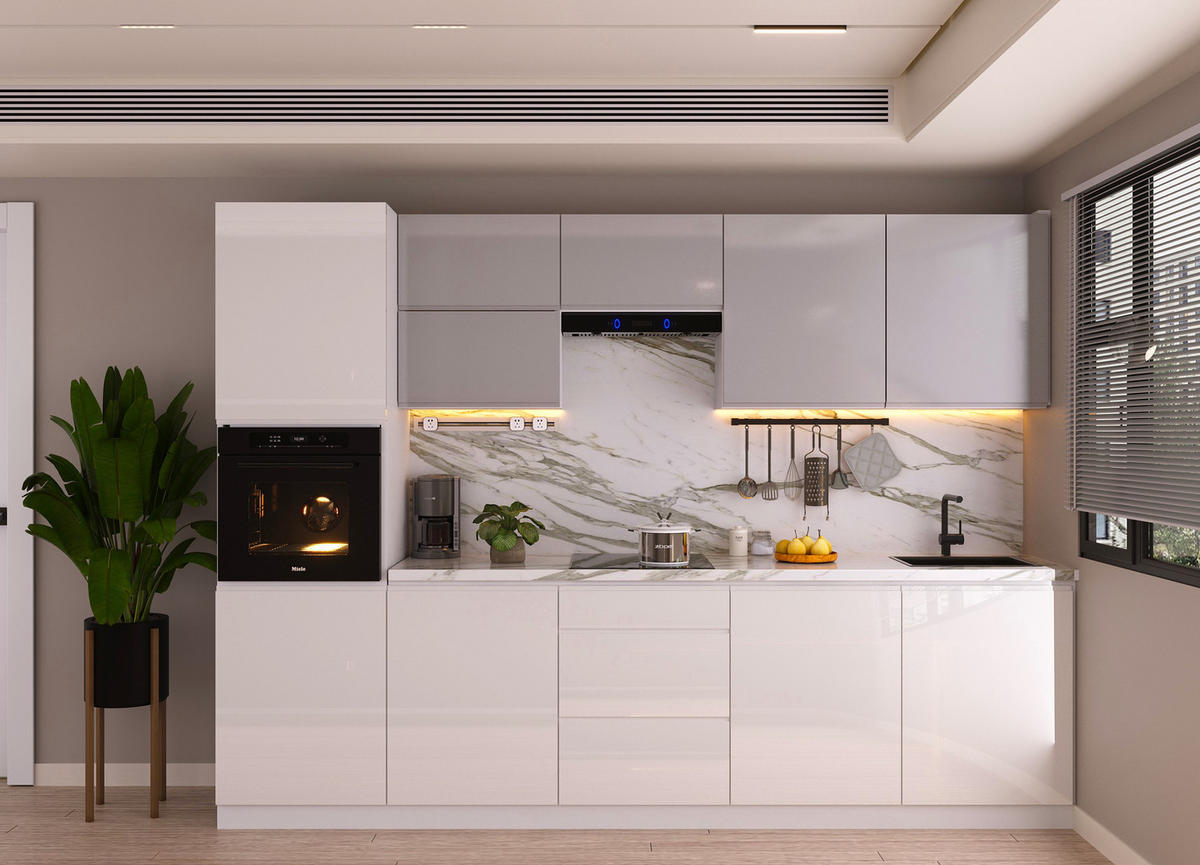 KÜCHENZEILE 300 cm Glanzia – KU-S02 – Weiß / Grau - Weiß Hochglanz/Grau, Holz/Holzwerkstoff (300/212/58cm)