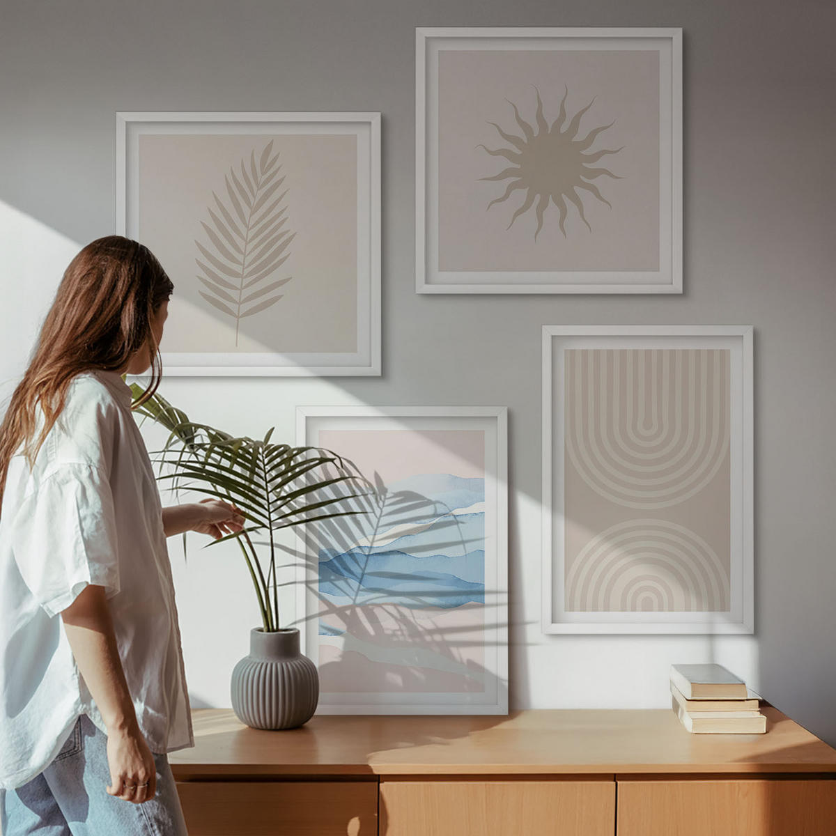 BILDER SET 4er Set - 50x50 cm & 40x60 cm Weißer Rahmen - Abstrakte Linien der Sonnenwellen - Weiß, Kunststoff (50/50cm) - TULUP