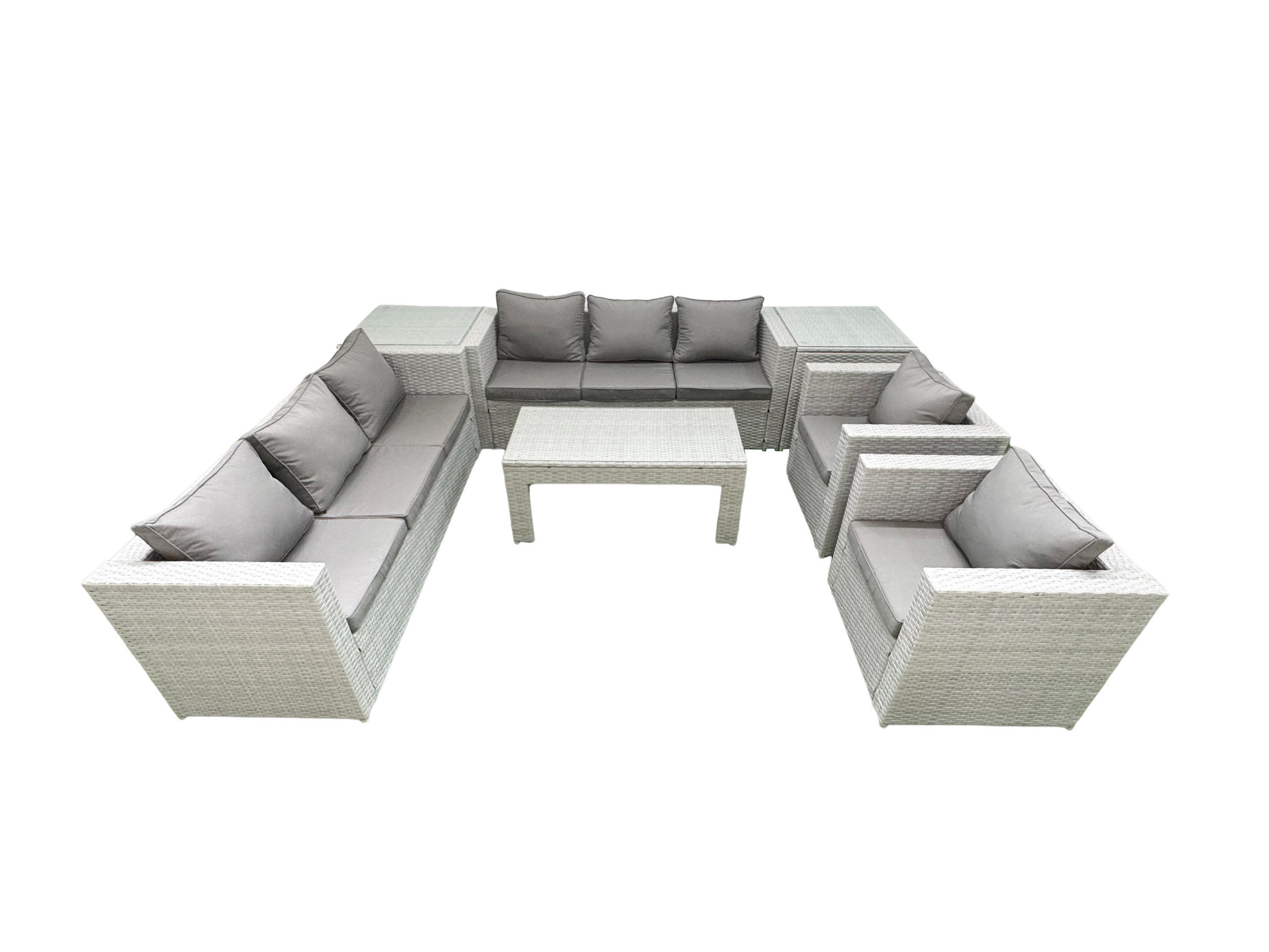 GARTENSOFA hohe Rückenlehne Polyrattan Hellgrau-Mix 8-Sitzer - Hellgrau/Grau, Glas/Kunststoff - Fimous