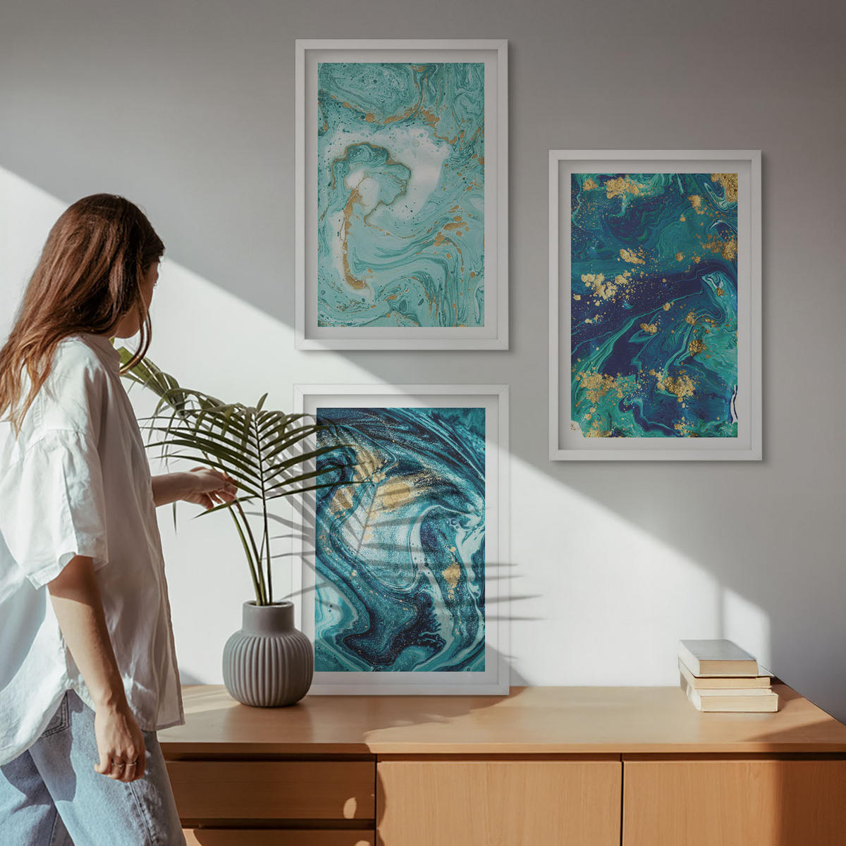 WANDBILDER 3er-Set - 40x60 cm Weißer Rahmen - Abstraktion von Türkisfarbe - Weiß, Kunststoff (40/60cm) - ArtPrintCave