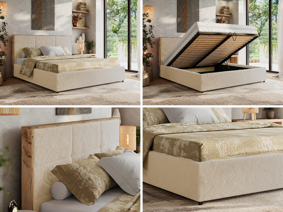 POLSTERBETT LERIO CLASSIC 160/200 - Creme Plüsch - Schaum-Matratze - Creme, Textil (160/200cm) - MKS