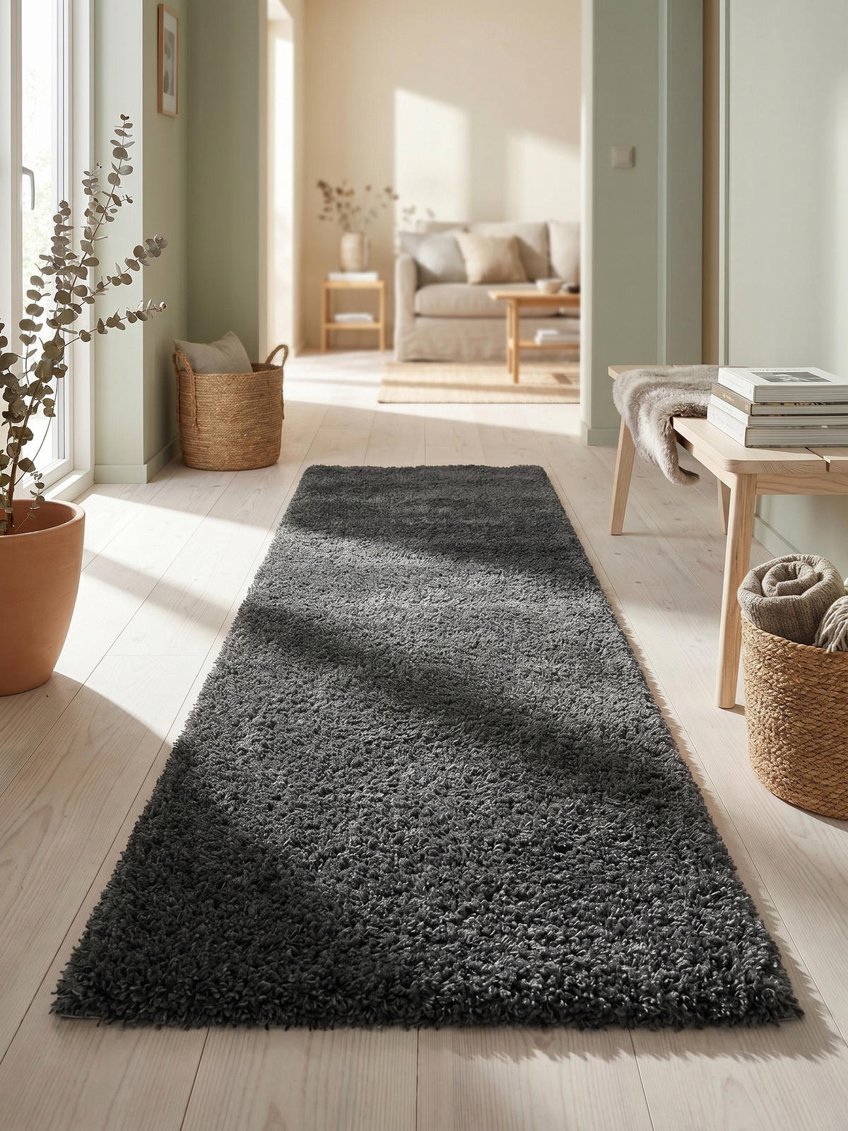 HOCHFLORTEPPICH Shaggy Uni Kuschelig Waschbar Wohnzimmer Läufer Grau 80x250 cm – SALZACH - Grau, Textil (250/80cm) - KADIMA DESIGN