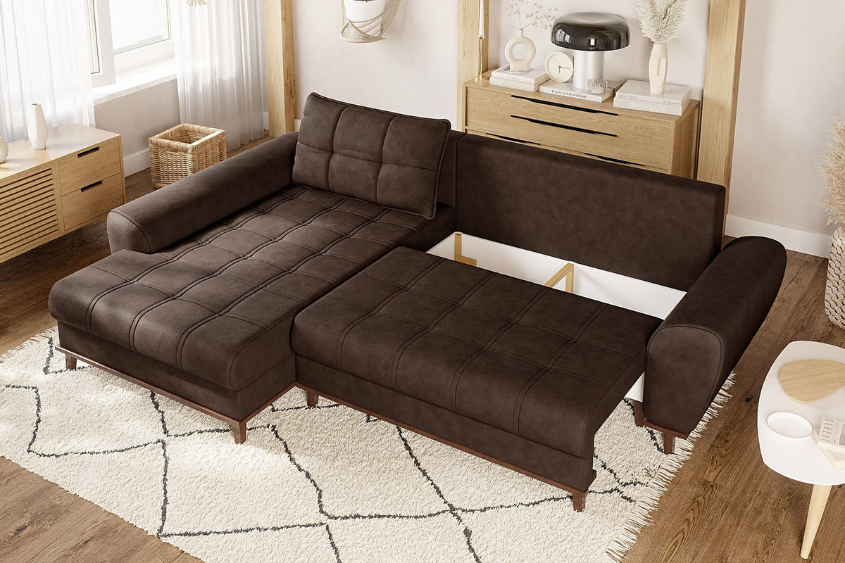 ECKSOFA im Scandi-Stil, Schlaffunktion, Bettkasten B268/T175/H86 cm, Ottomane links, Liegefl. 128x209 cm, Mikrofaserstoff in Vintage Braun / 21018 - Eichefarben/Braun, Holz/Textil (268/175cm) - luma-home