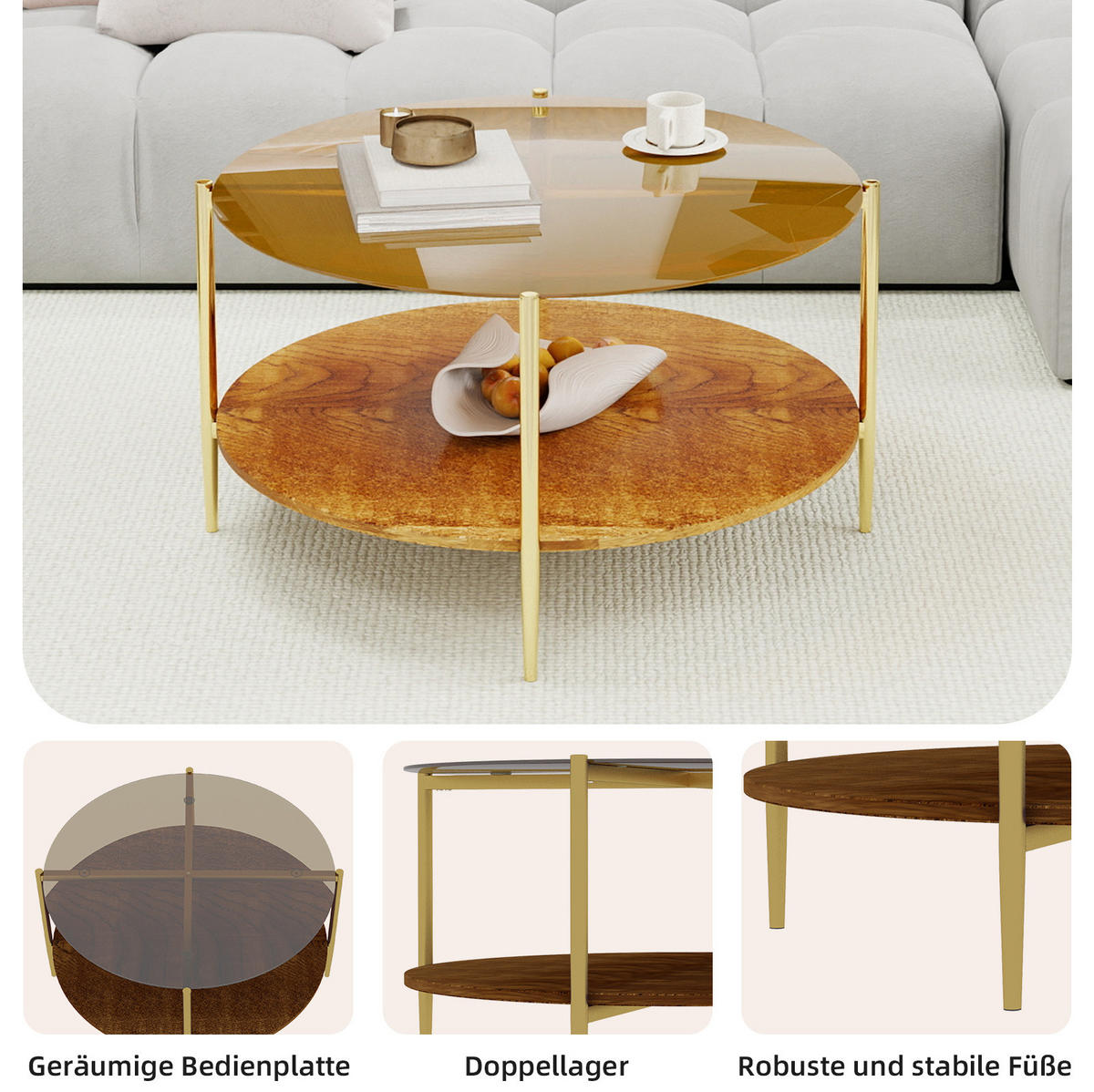 COUCHTISCH Ø82/45 cm in Gold mit Glasplatte und Holzablage - Goldfarben, Glas (82/82/45cm) - BEAOK