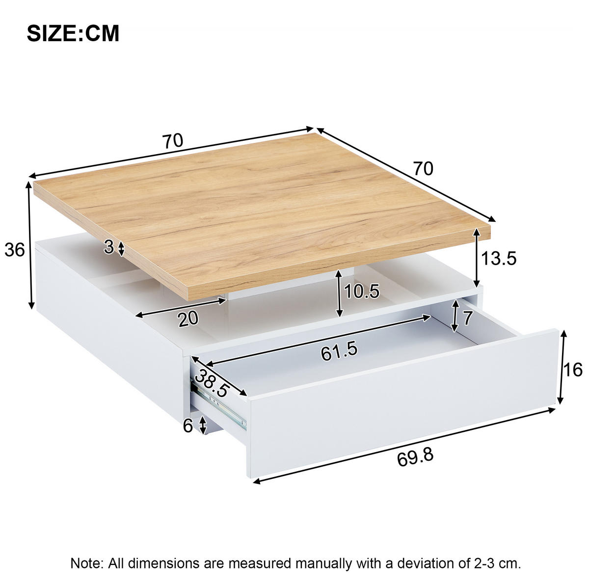 COUCHTISCH 70/70/36 cm mit 360° drehbarer Tischplatte, Schublade und offenem Stauraum, Weiß/Walnuss - Weiß, Holzwerkstoff (70/70/36cm) - Redom