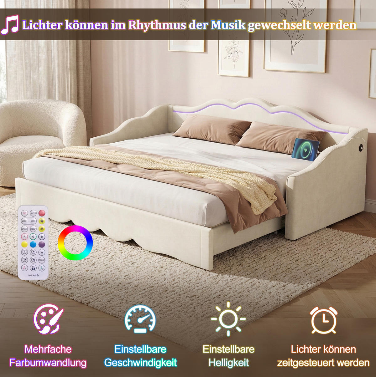 POLSTERBETT 90/200 cm Beige aus Samt mit USB- und TYPE-C-Anschluss - Beige, Textil (90/200cm) - OKMYHOME