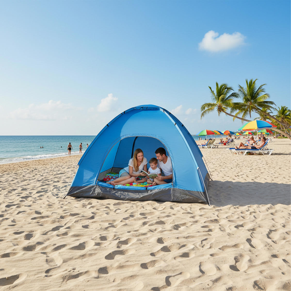 POP-UP stan na pláž - modrá, textil/plast (200/200cm) - Relaxdays