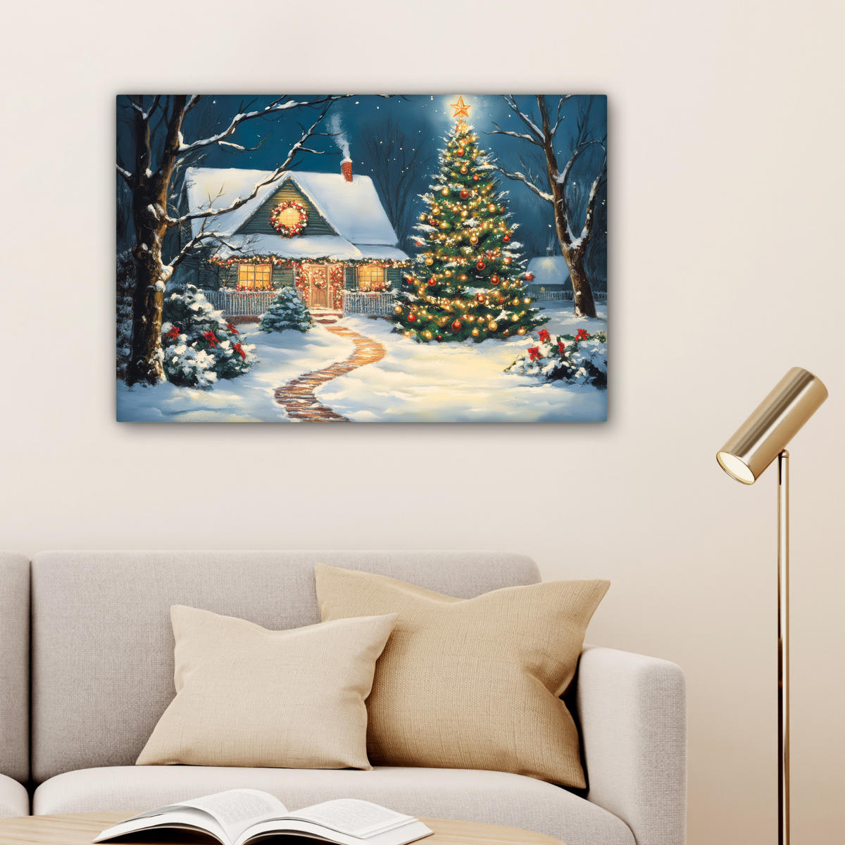 LEINWANDBILD Weihnachten - Weihnachtsbaum - Winter - Zuhause - Schnee Wanddeko 90x60 cm - Smaragdgrün, Textil (90/60cm) - MuchoWow