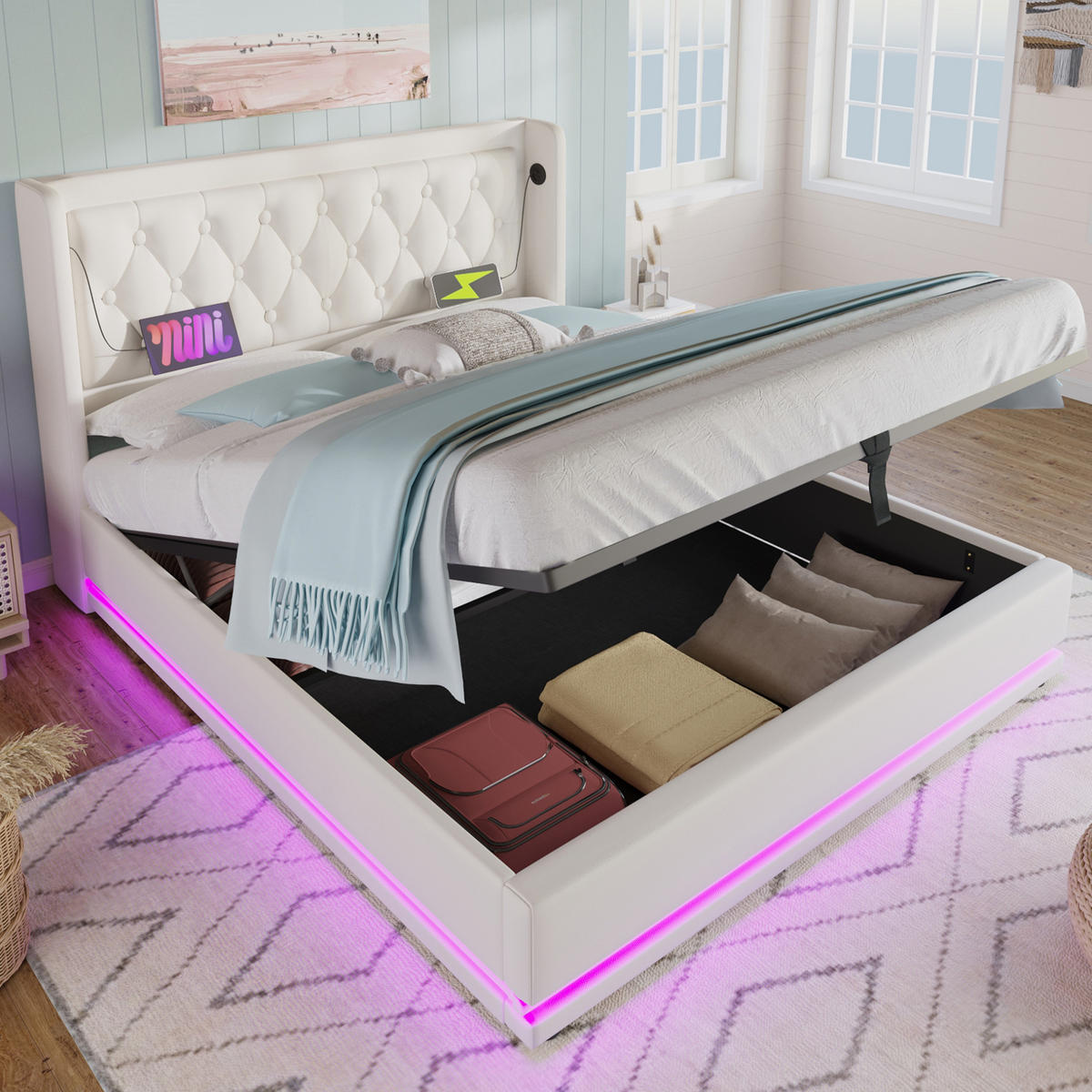 BETT mit Stauraum 160x200 cm PU Weiß mit Matratze - Weiß, Metall (160/200cm) - Meubliv