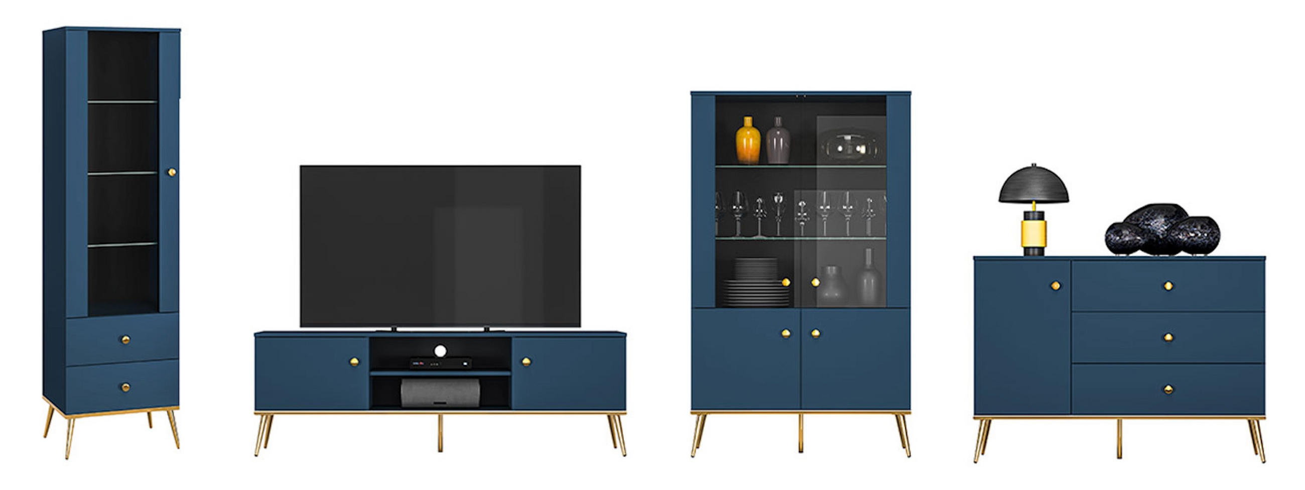 WOHNZIMMER-SET Marine dunkelblau / gold 427 / 40 / 190cm 4-teilig - Blau/Dunkelblau, Holz/Holzwerkstoff (427/190/40cm) - Feldmann-Wohnen