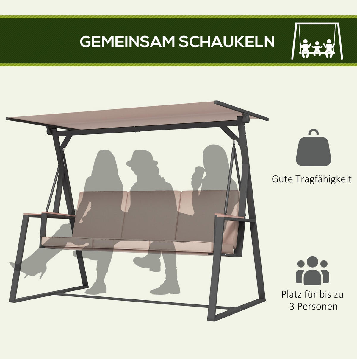 HOLLYWOODSCHAUKEL 205/130/175 cm mit verstellbarem Sonnendach, 3 Sitzkissen und Stahlgestell, Khaki - Beige, Metall (130/175/205cm) - Redom