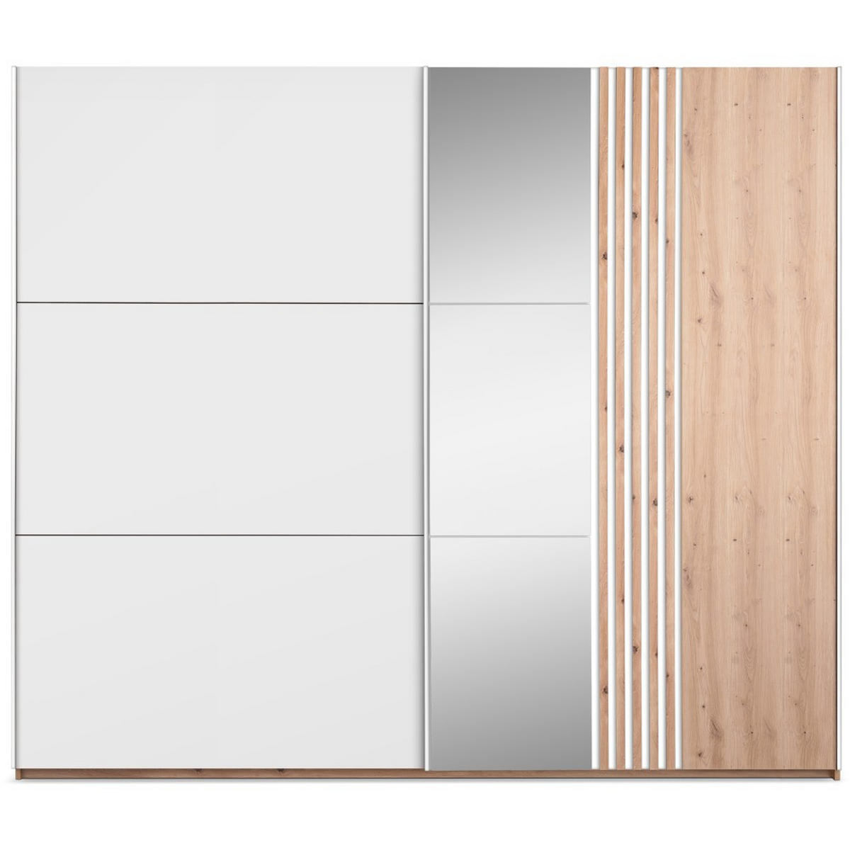 SCHWEBETÜRENSCHRANK Soria mit 2 Türen und Spiegel, 250 cm, Weiß+eiche Wotan - Eiche Wotan/Weiß, Holzwerkstoff (250/215/65cm) - Beautysofa