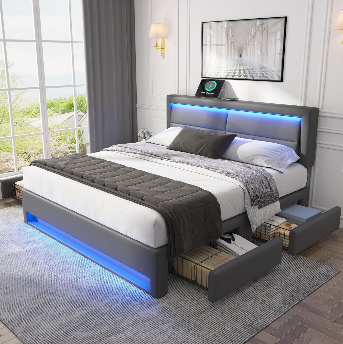 ČALÚNENÁ posteľ 140/190 cm, PU, sivá, s USB, LED osvetlením a úložnými zásuvkami - sivá, plast (140/190cm) - BEAOK