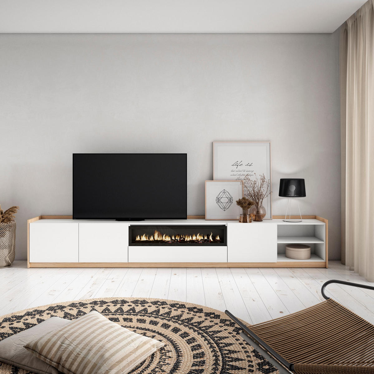 TV-SCHRANK, Lowboard, Weiß und Eiche Soft, Elektrokamin, 310/37/50cm - Weiß, Holzwerkstoff (310/50/37cm) - Skraut Home