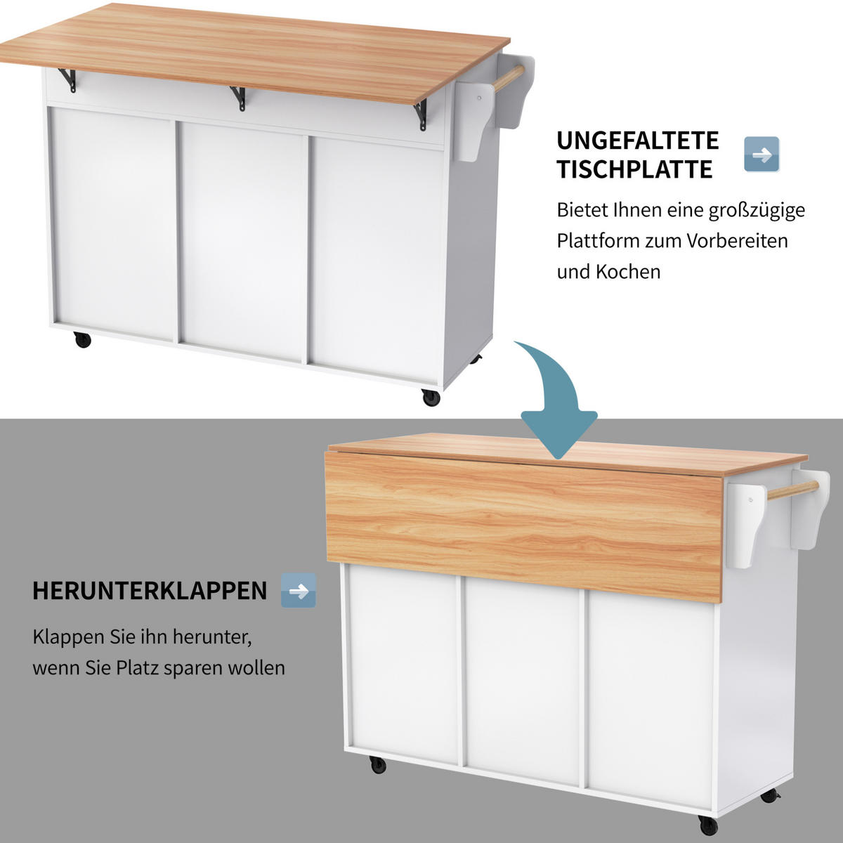 KÜCHENINSEL 129/71/91,5 cm Weiß aus MDF mit klappbarer Arbeitsplatte - Weiß, Holzwerkstoff (46/91.5/120cm) - OKMYHOME