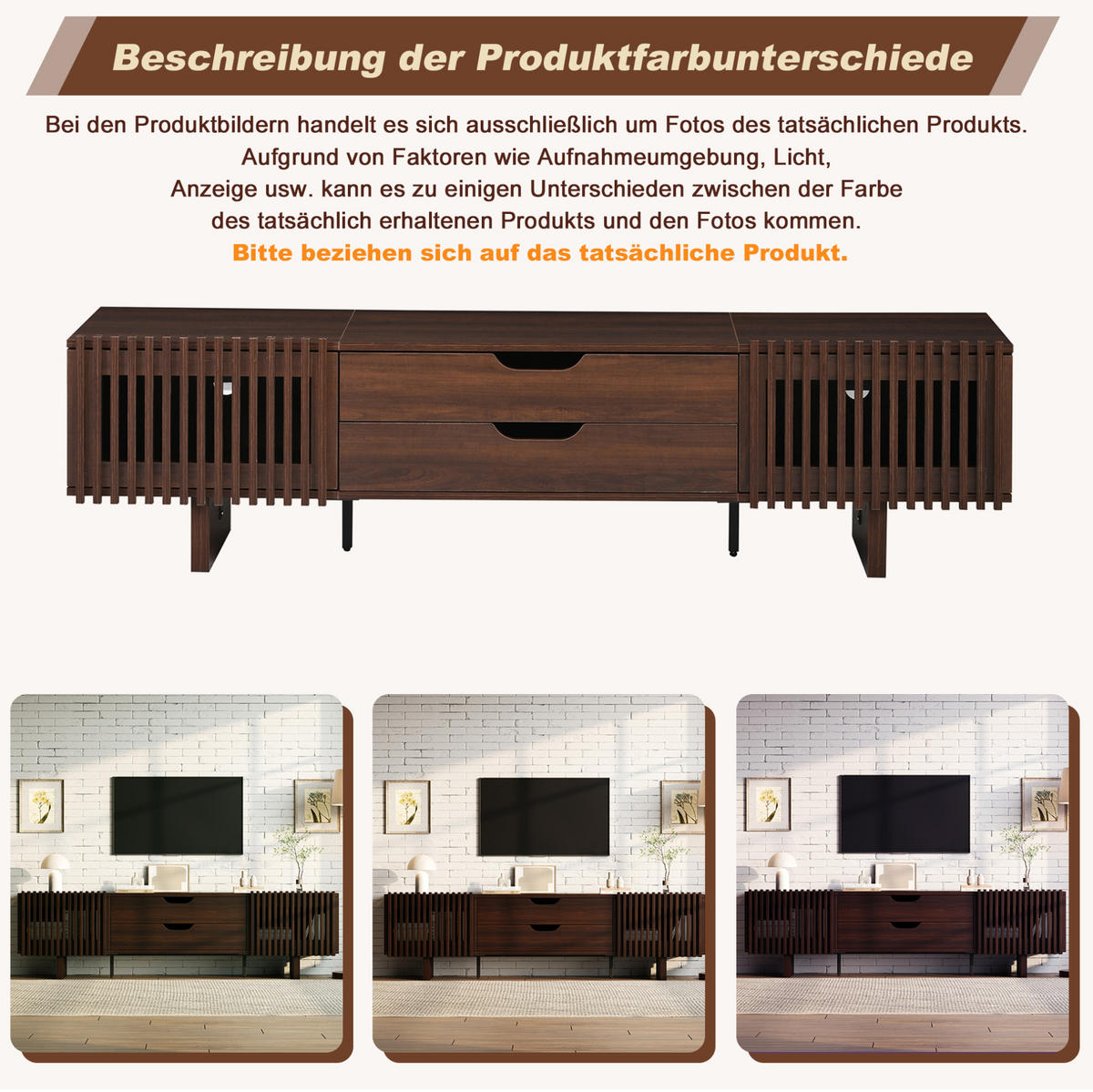 TV ormarić od MDF-a 180x40x45 cm tamni orah s 2 ladice i lamelnim vratima, za TV do 75 inča - smeđa, drvni materijal (180/45/40cm) - Modfu