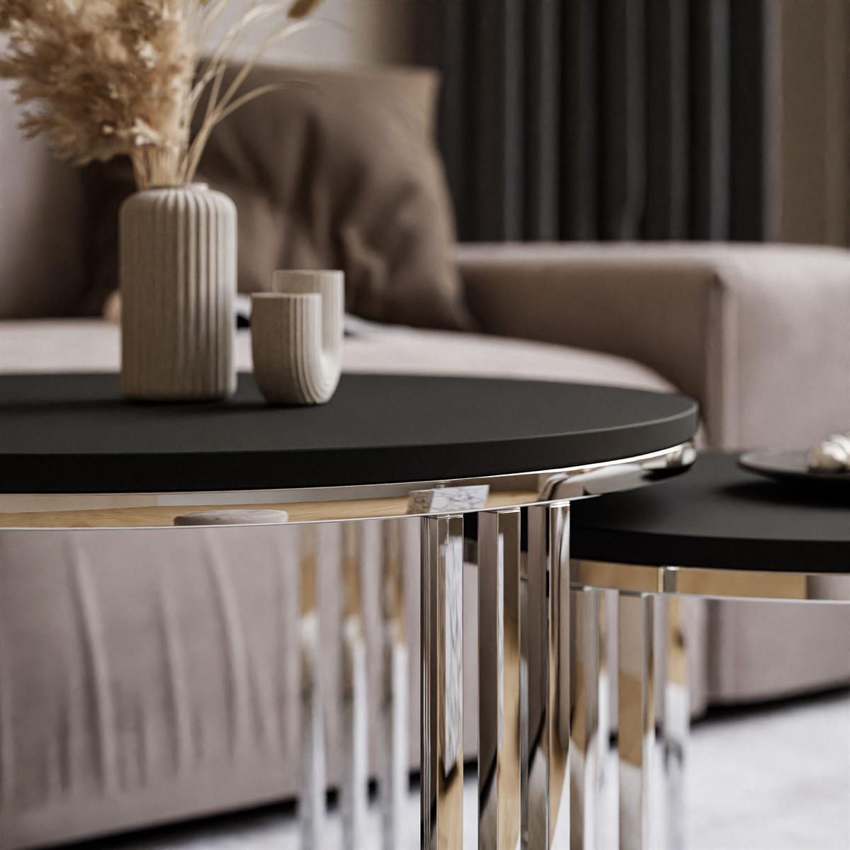 COUCHTISCH 2 in 1 LORI verchromt silber schwarz matt - Silberfarben, Holzwerkstoff (70/70/49cm) - Lookway