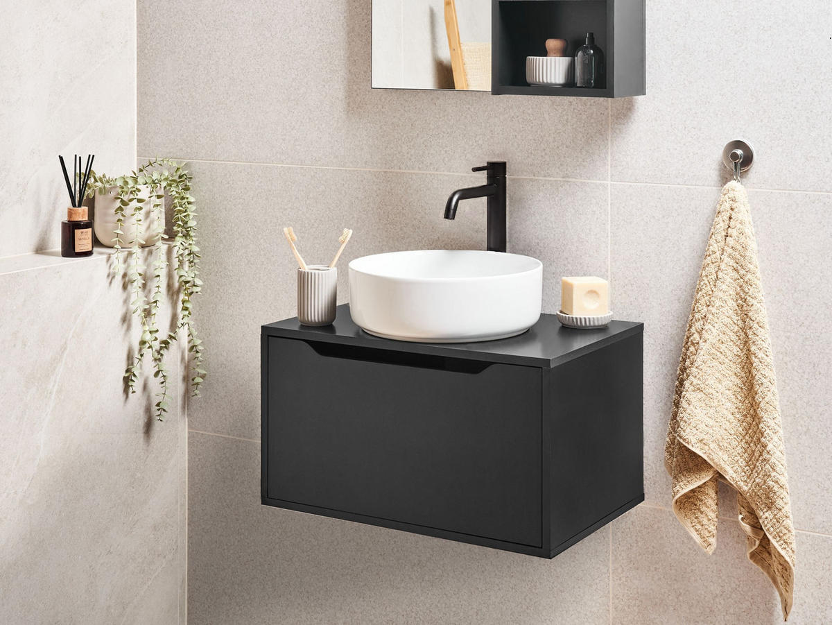 WASCHBECKENUNTERSCHRANK wandmontiertk 60 cm Schwarz Petrolina - Schwarz, Holzwerkstoff (60/33/39cm) - Beliani