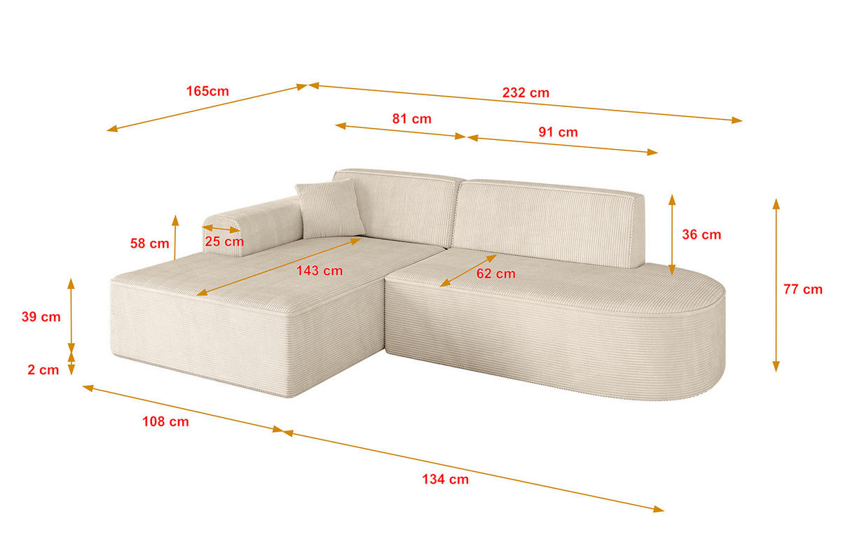 ECKSOFA Ottomane Links IREA-L1-v3 - 232x165x77 cm Beige - Beige, Holzwerkstoff/Textil (232/165cm) - ALTDECOR