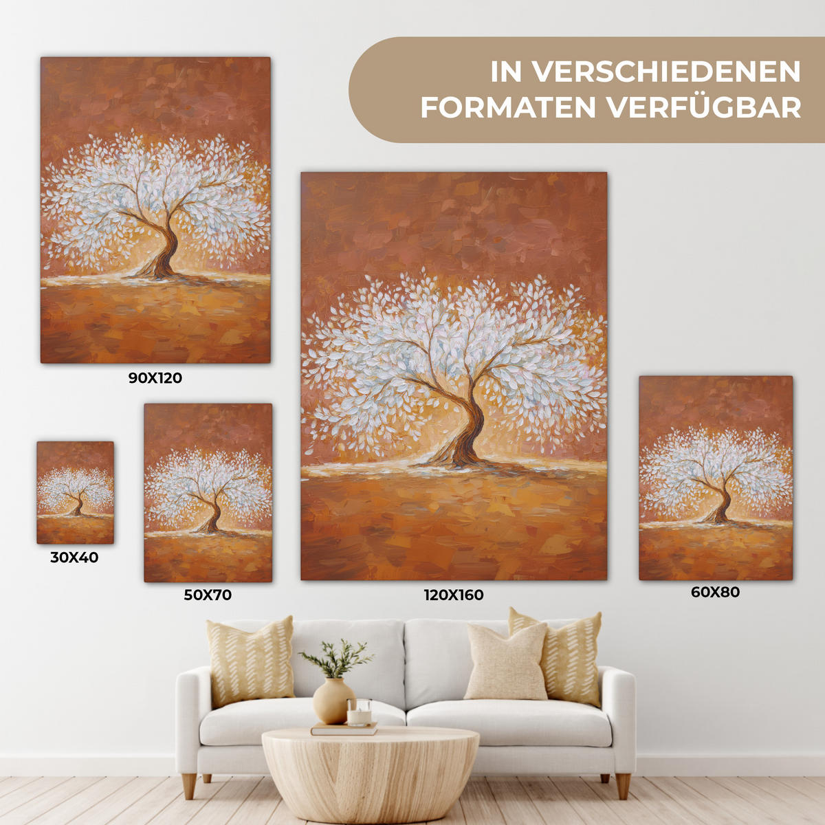 LEINWANDBILD Abstrakt - Baum - Weiß - Blätter Wandbild Wohnzimmer 60x80 cm - Braun, Textil (60/80cm) - MuchoWow