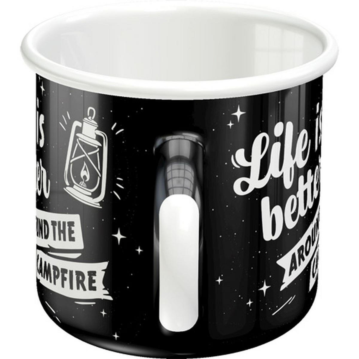 EMAILLE-BECHER 360 ml Outdoor & Activties Life Is Better Around The Campfire - Schwarz/Weiß, Metall (0.36L) - Nostalgic-Art