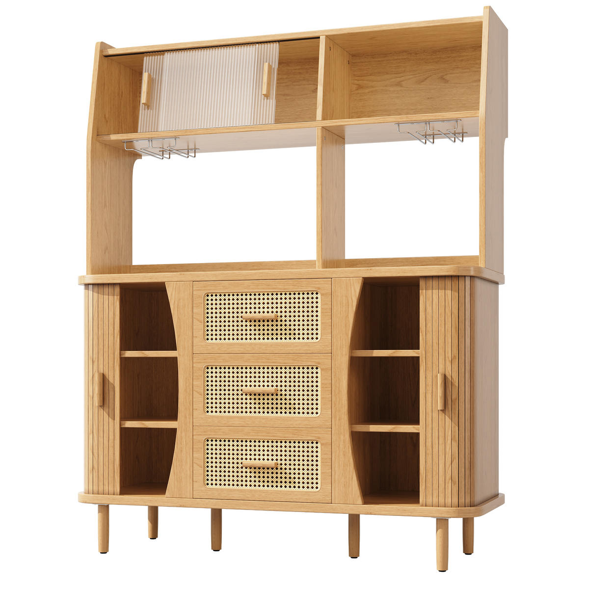 BUFFETSCHRANK Rattanoptik Glas Schiebetür Nussbaum - Naturfarben, Metall (140/174.5/40.5cm) - FLIEKS