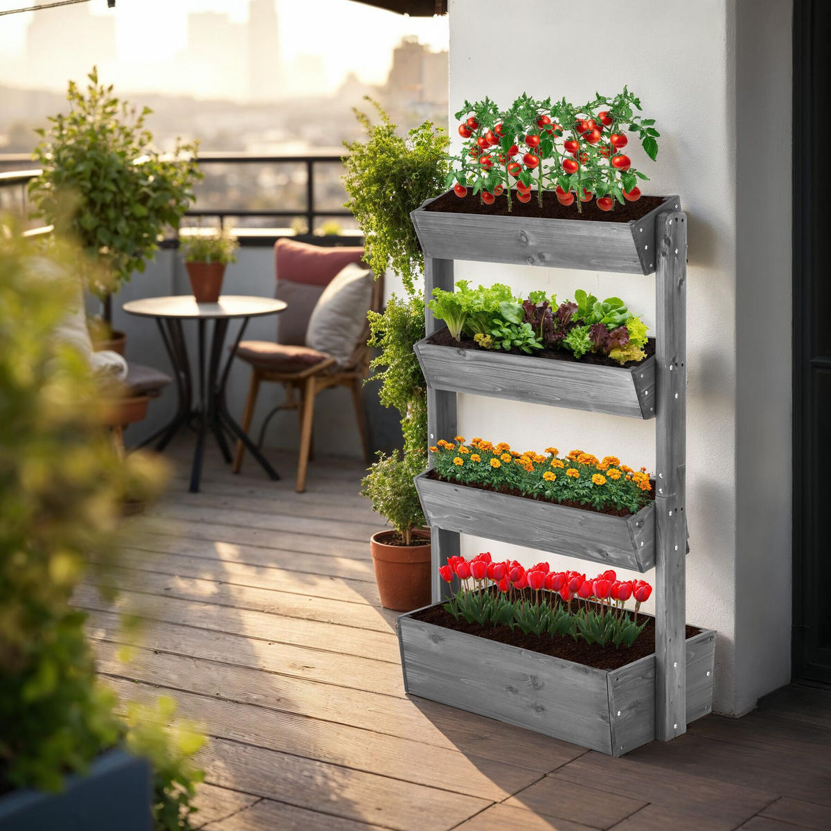 VERTIKALBEET Flora,inklusive Pflanzvlies, 85 x 45 x 140 cm,grau - Grau, Holz (85/140/45cm) - tectake