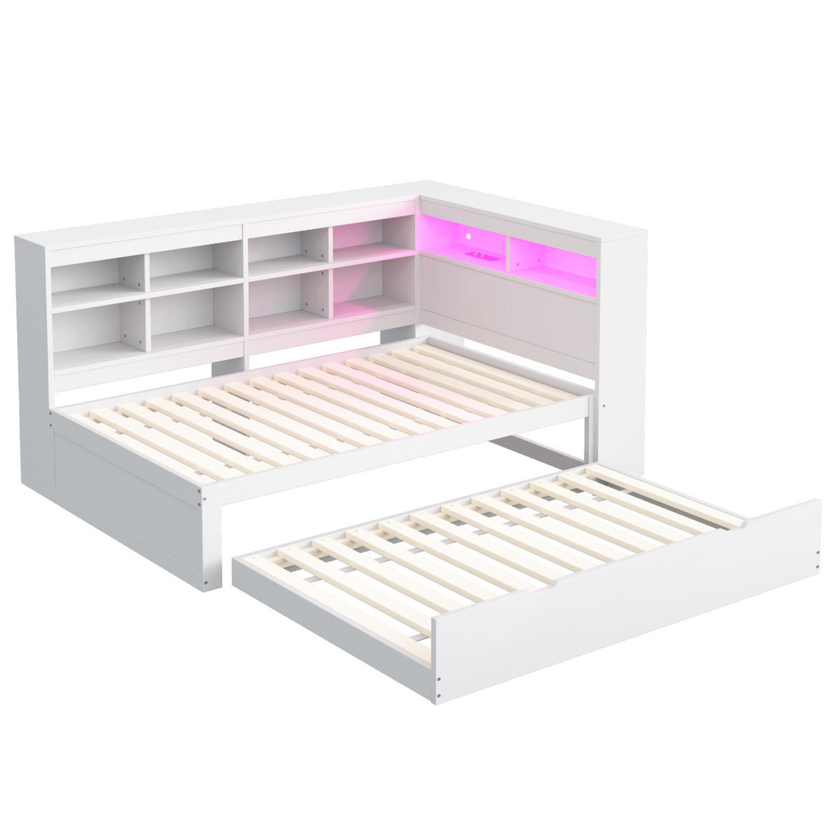 MULTIFUNKTIONSBETT 90/200 cm Weiß mit ausziehbarem Bett und USB-Anschluss - Weiß, Holzwerkstoff (90/200cm) - OKWISH