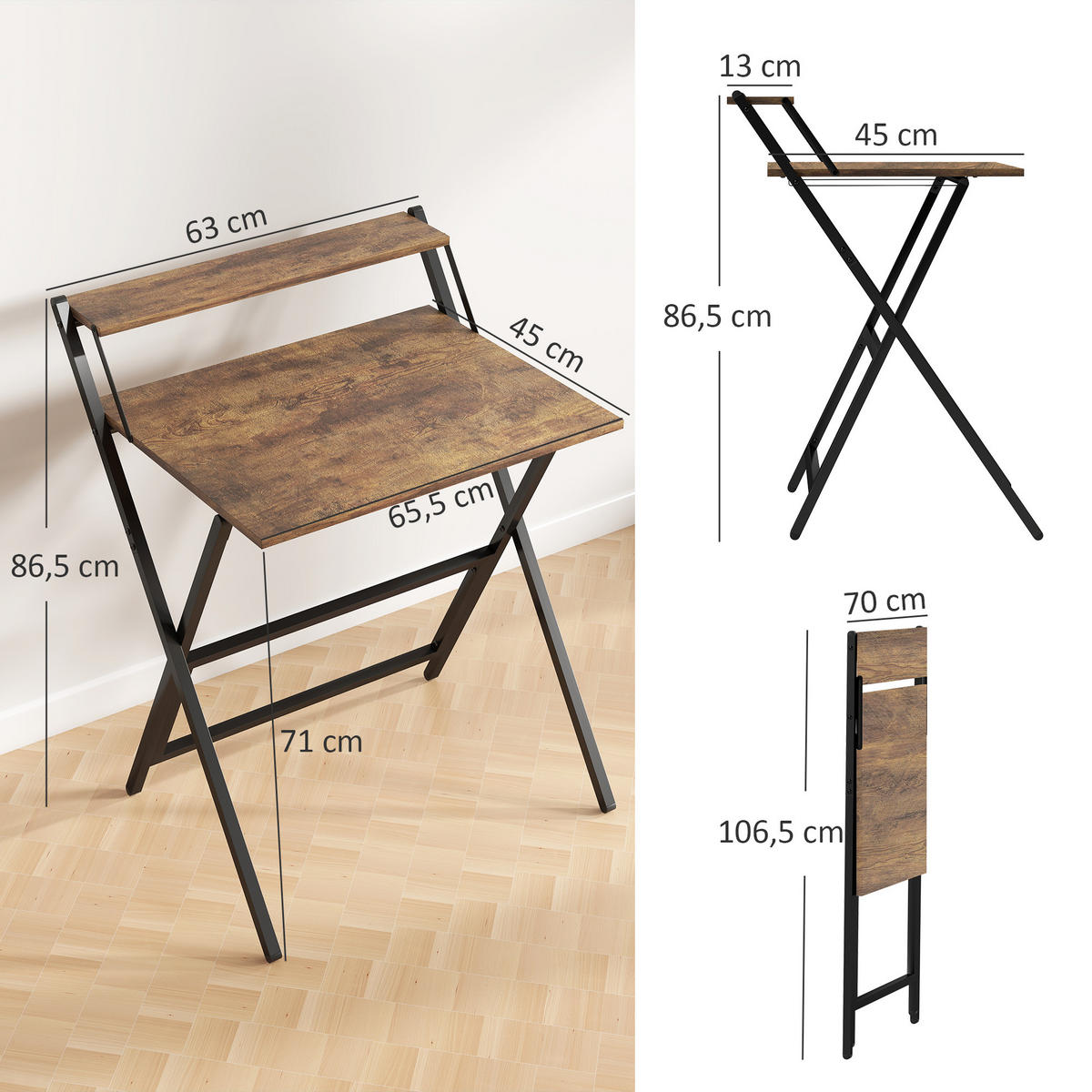 SCHREIBTISCH Braun klappbar mit Ablage und Metallgestell 70/62/86,5 cm - Rotbraun, Holzwerkstoff (62/70/86.5cm) - PANGIVO